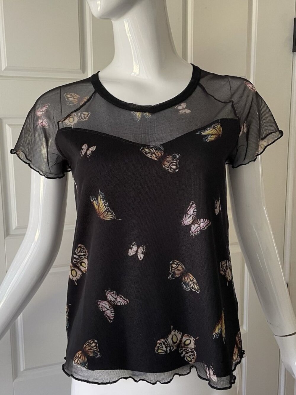 Sheer Mesh Butterfly Top Womens Small/Med Black Short Sleeve Y2K Stretch Fairy